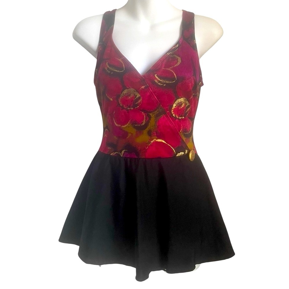Vintage 90s Longitude Skirted Geometric Abstract One Piece With Skirt Swimwear S